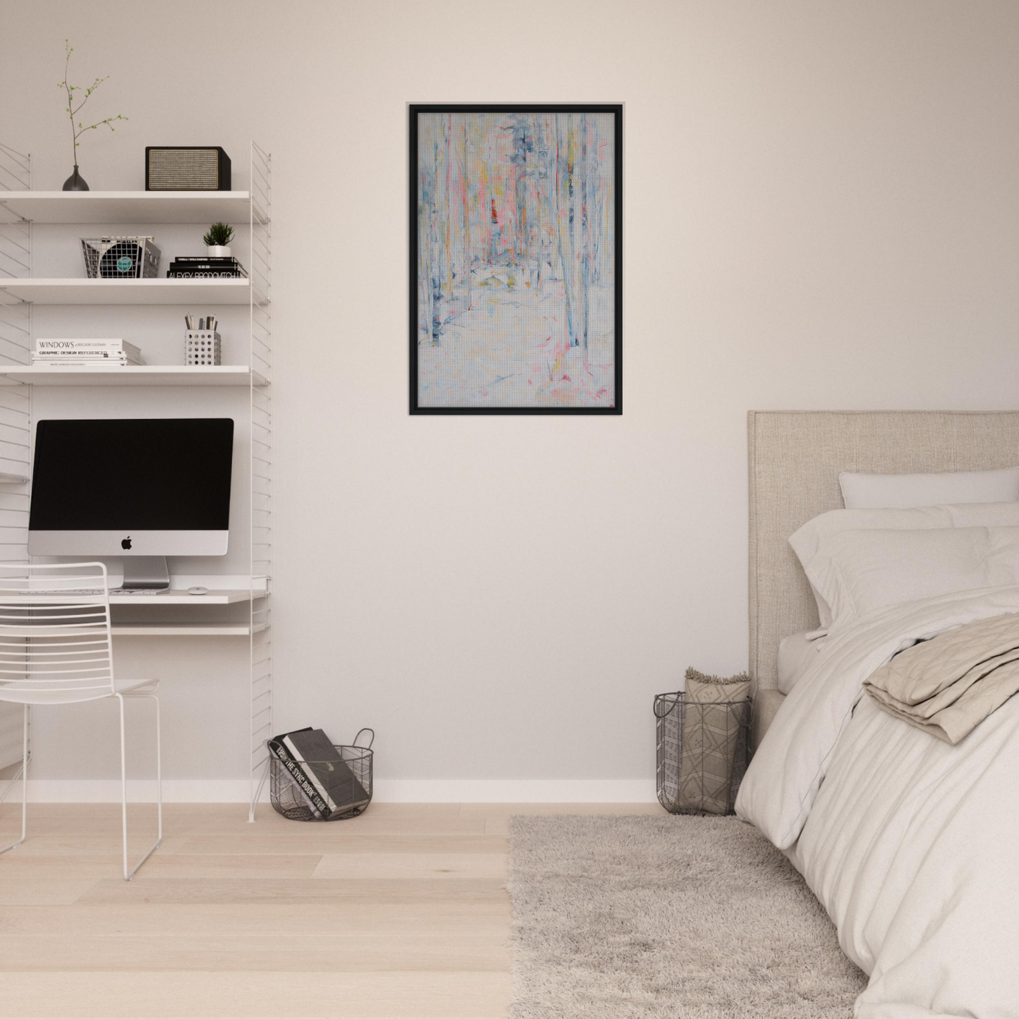 Minimalist bedroom with white walls and dark brown finishes in Snowbound Reverie Emerges