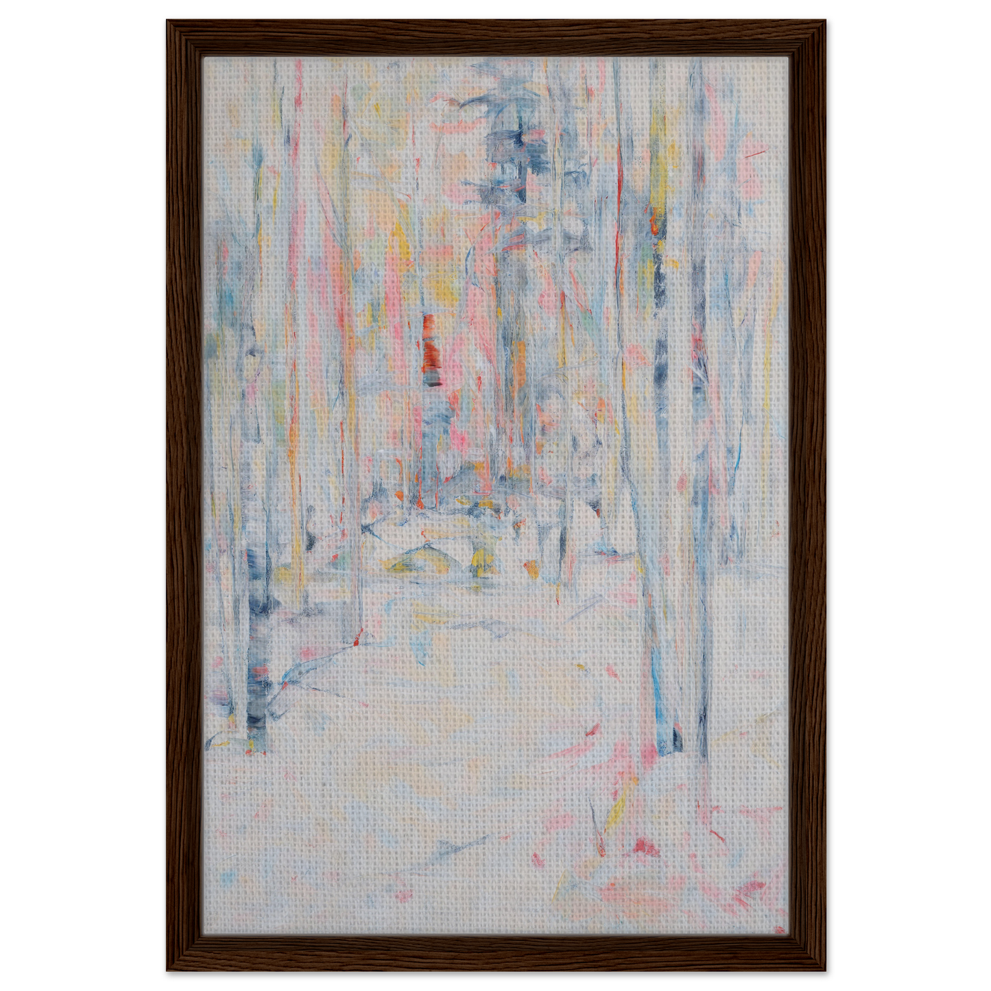 Abstract painting with soft pastel colors and vertical streaks on Snowbound Reverie Emerges framed canvas print