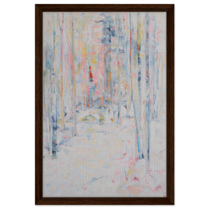 Abstract painting with soft pastel colors and vertical streaks on Snowbound Reverie Emerges framed canvas print