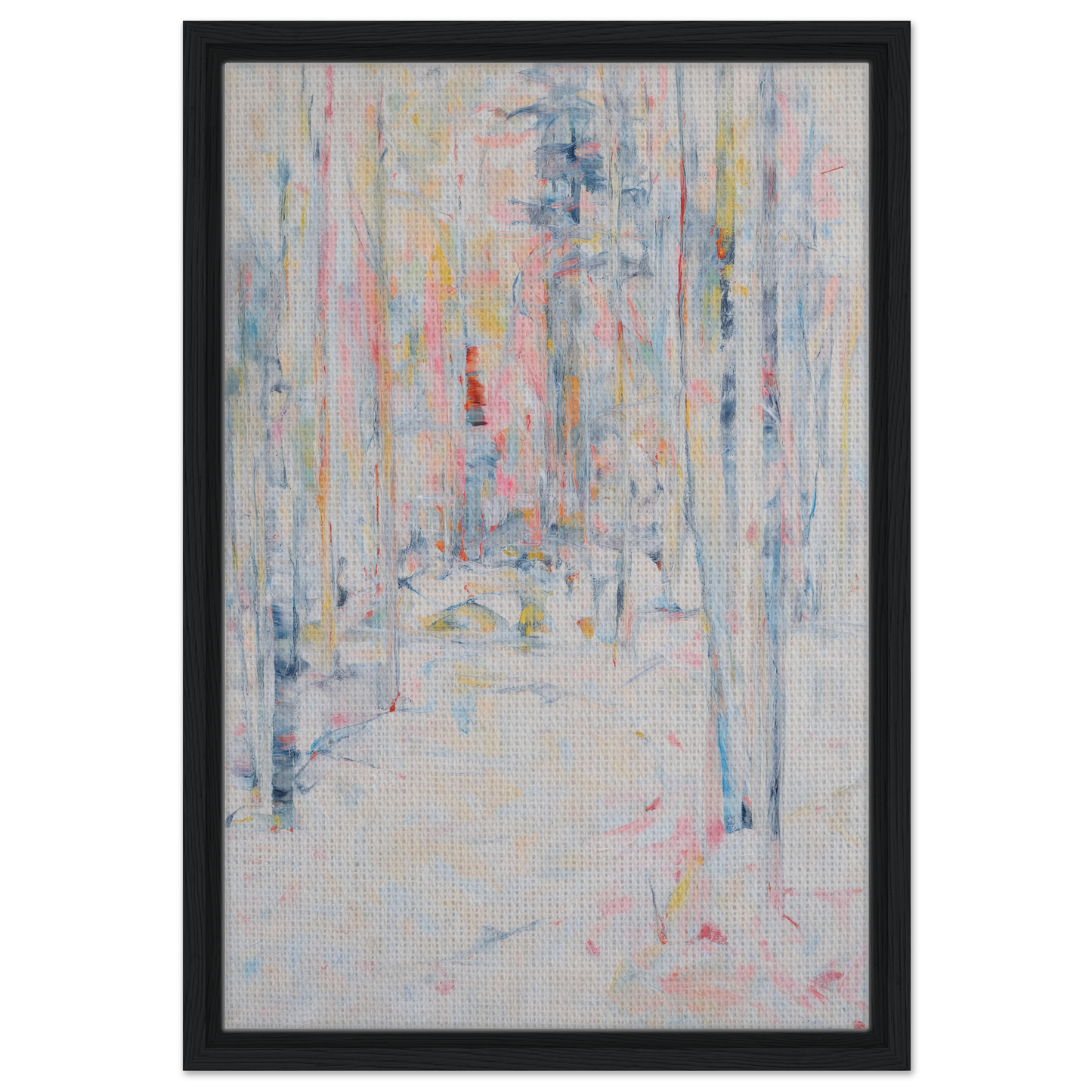 Abstract painting with pastel vertical streaks for Snowbound Reverie Emerges room decor