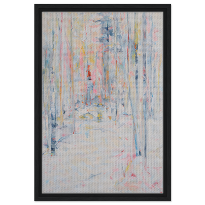 Abstract painting with pastel vertical streaks for Snowbound Reverie Emerges room decor