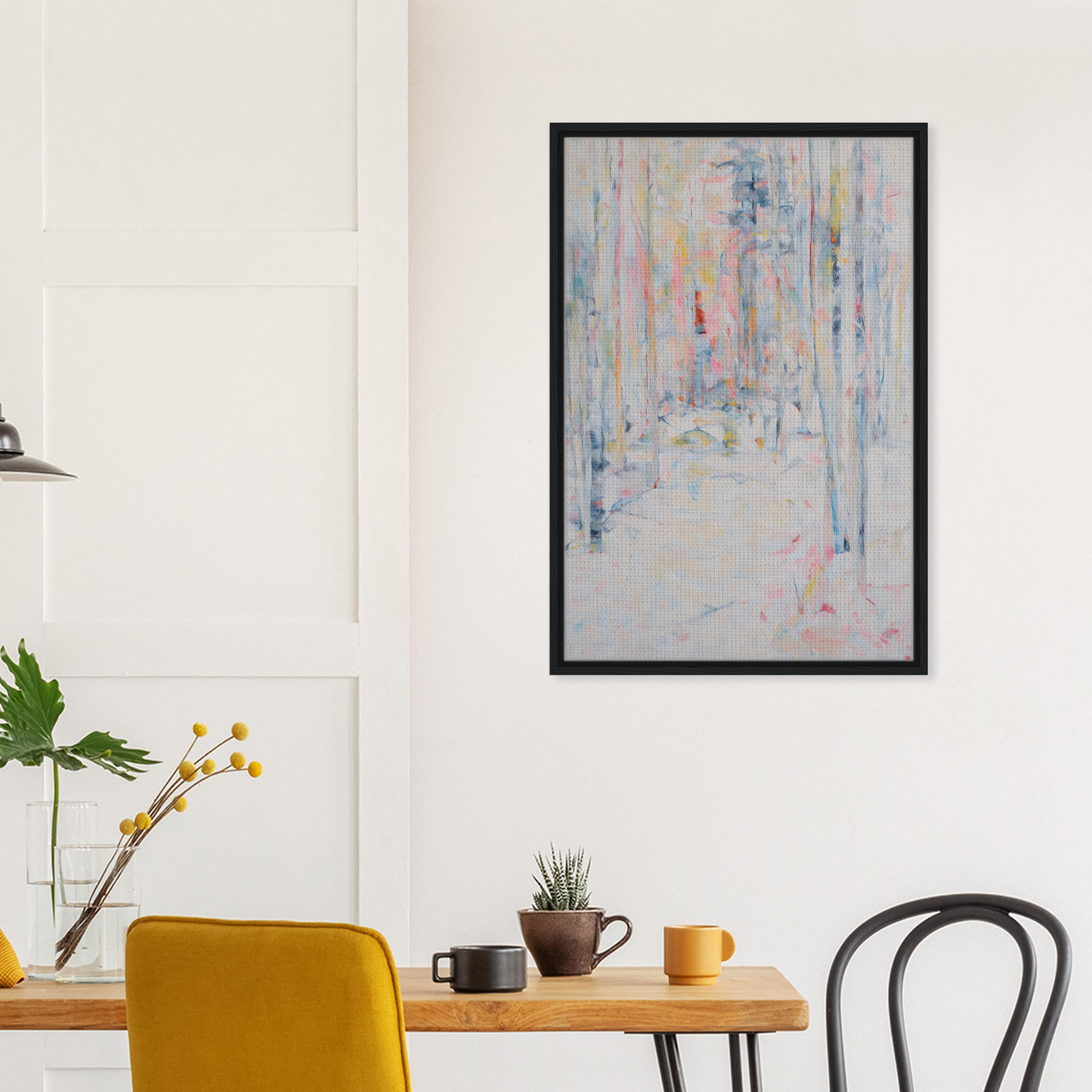 Abstract painting titled Snowbound Reverie Emerges with soft pastel brushstrokes for room decor