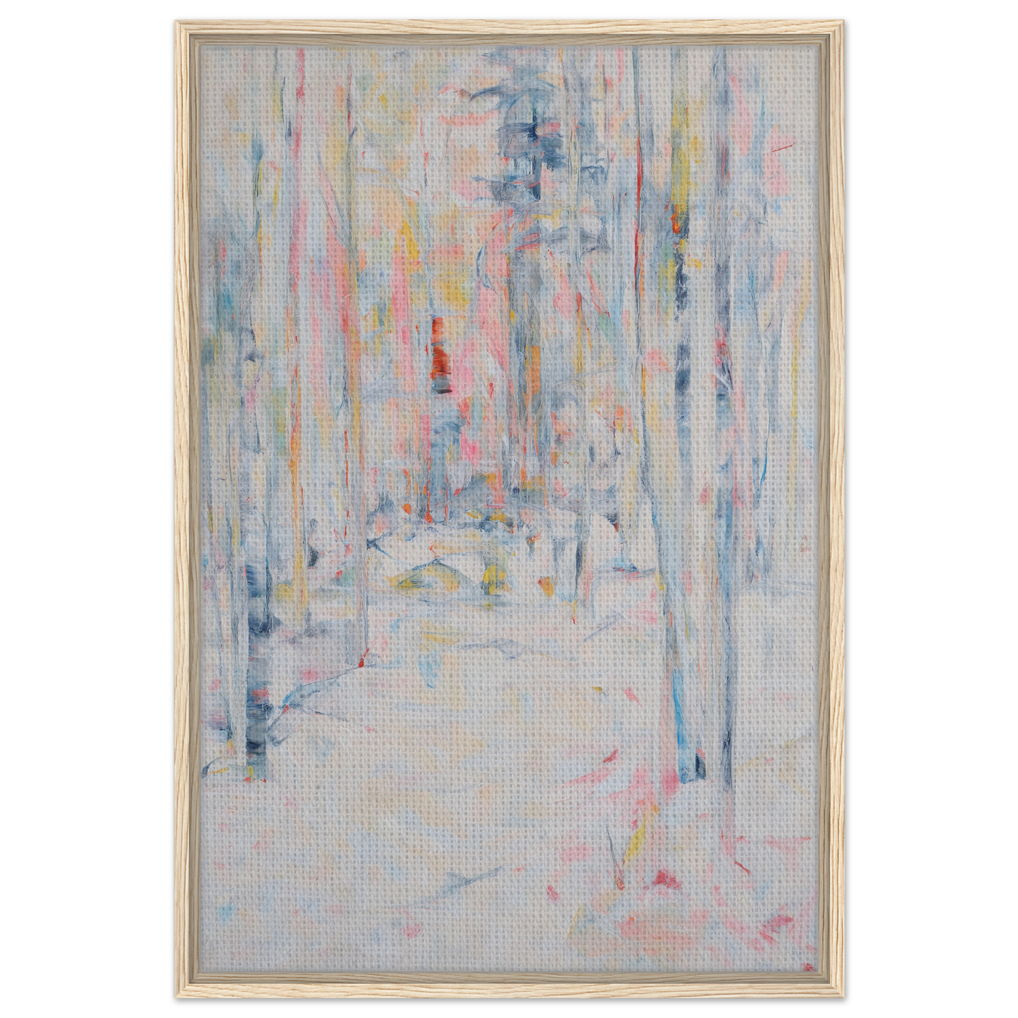 Abstract painting with pastel vertical streaks on light background for Snowbound Reverie Emerges