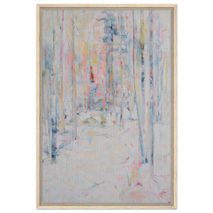 Abstract painting with pastel vertical streaks on light background for Snowbound Reverie Emerges