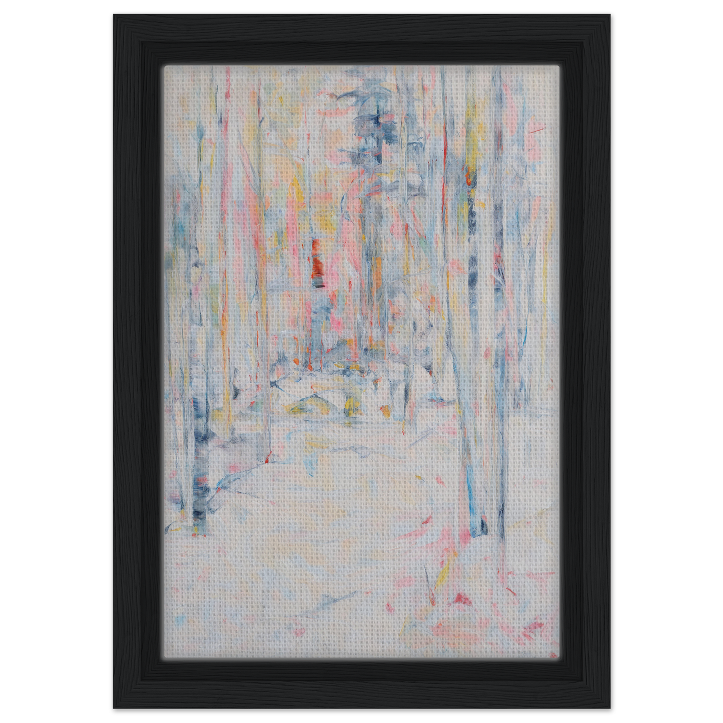 Abstract painting titled Snowbound Reverie Emerges with vertical pastel streaks, ideal for room decor