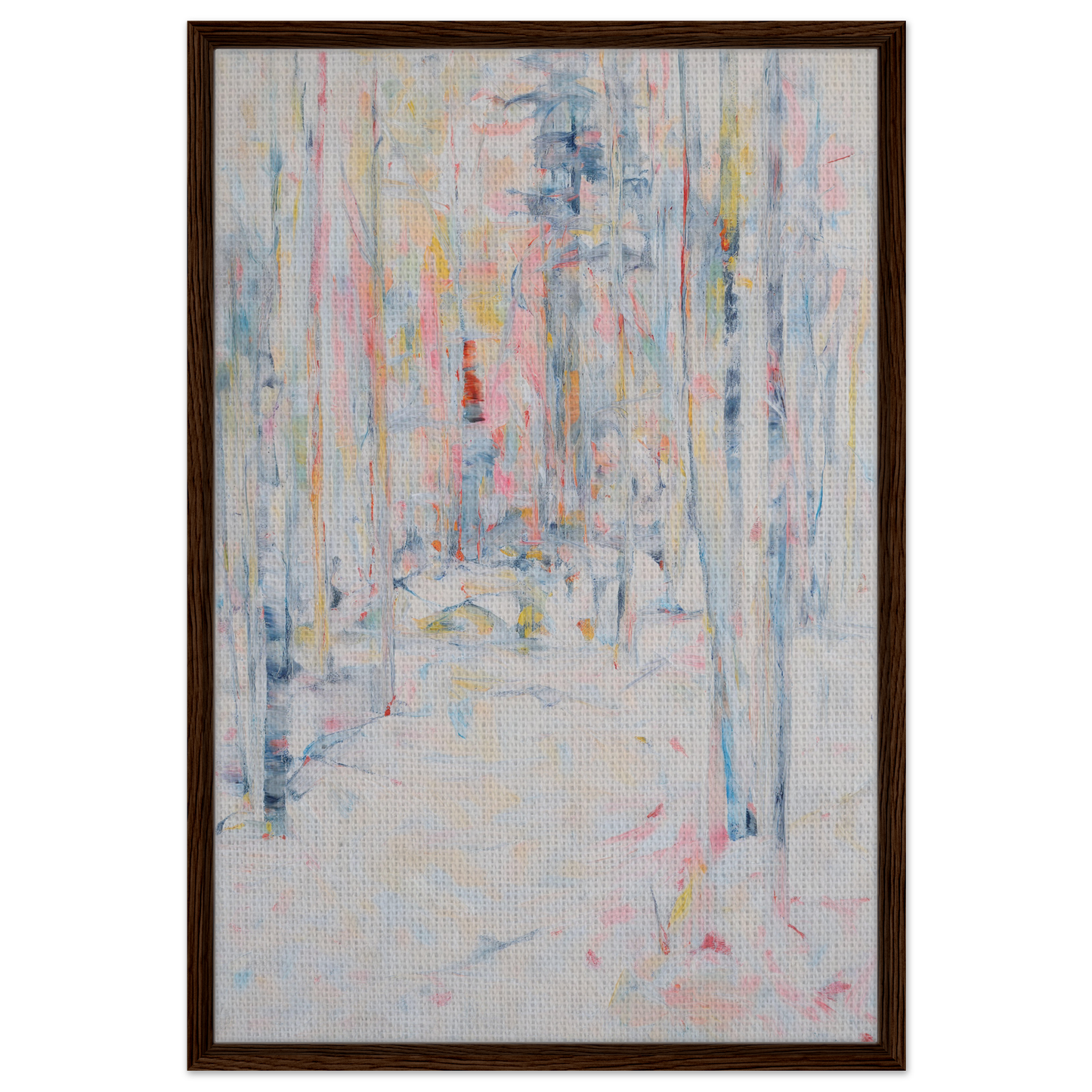 Abstract painting of pastel vertical streaks on light background in Snowbound Reverie Emerges framed canvas print