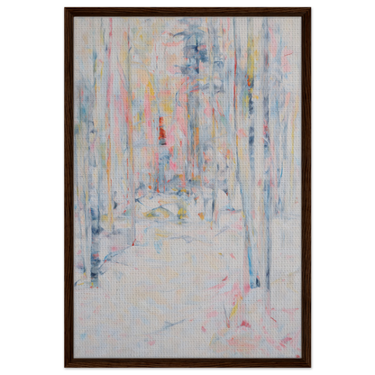 Abstract painting of pastel vertical streaks on light background in Snowbound Reverie Emerges framed canvas print