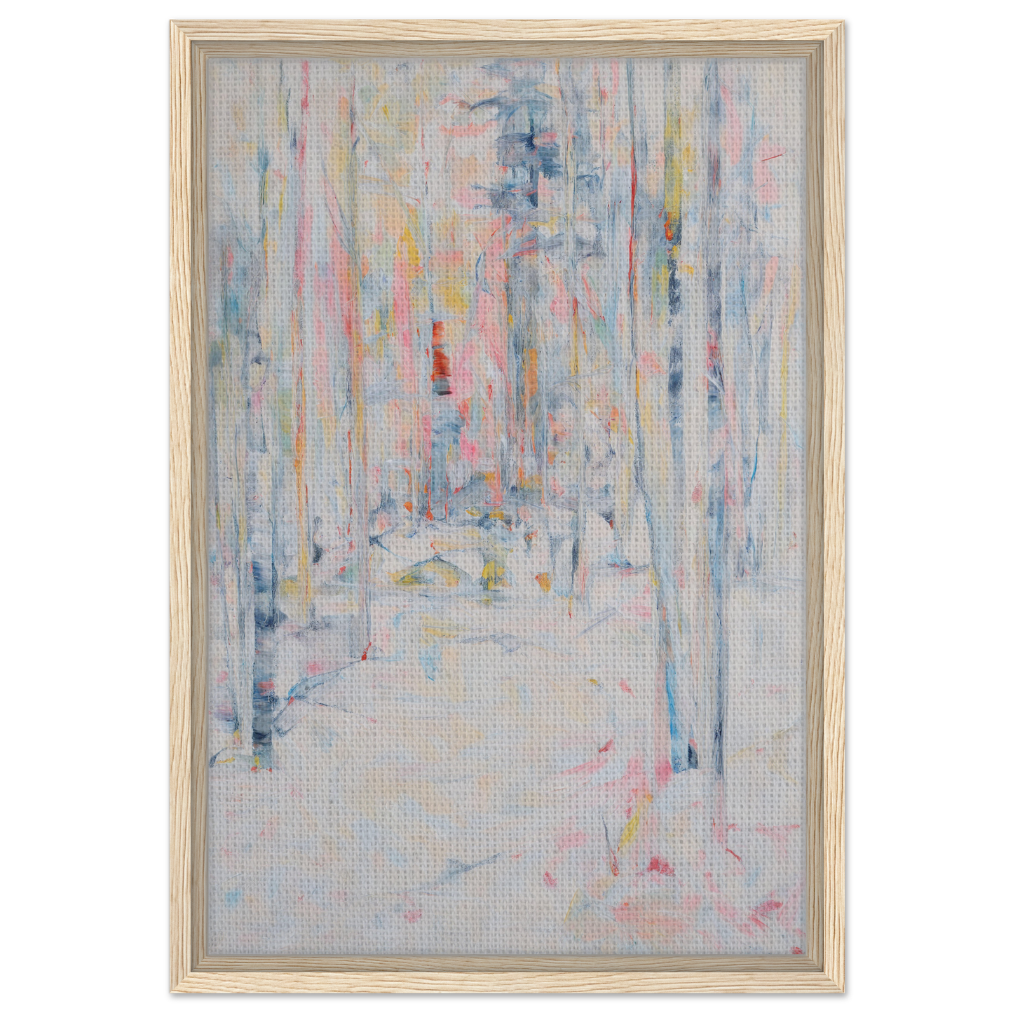 Abstract painting with soft pastel brushstrokes in Snowbound Reverie Emerges framed canvas print