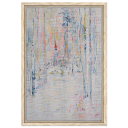 Abstract painting with soft pastel brushstrokes in Snowbound Reverie Emerges framed canvas print