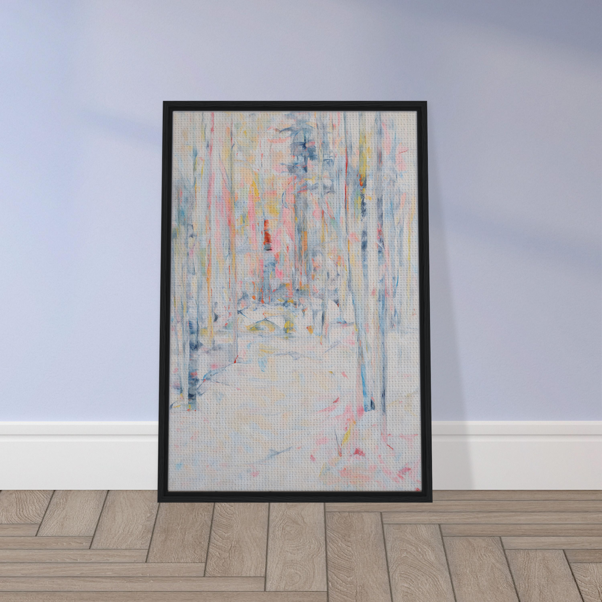 Framed canvas print featuring pastel vertical streaks in Snowbound Reverie Emerges