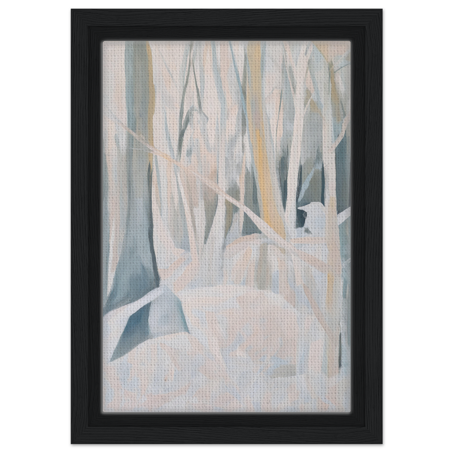 Abstract painting of pale vertical shapes resembling trees for Snowed Forest Dreams