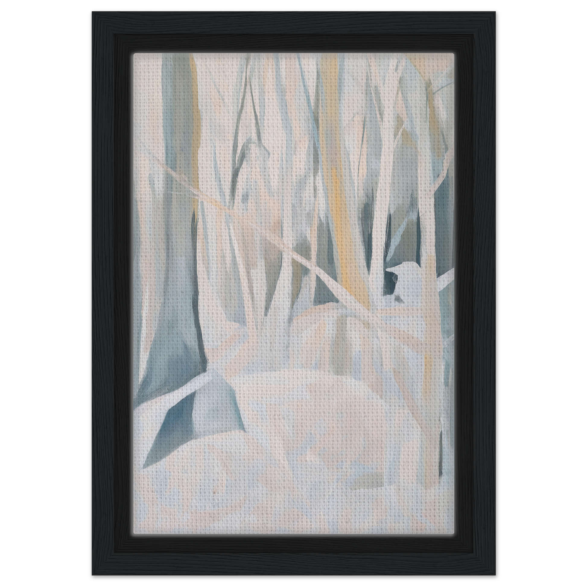 Abstract painting of pale vertical shapes resembling trees for Snowed Forest Dreams