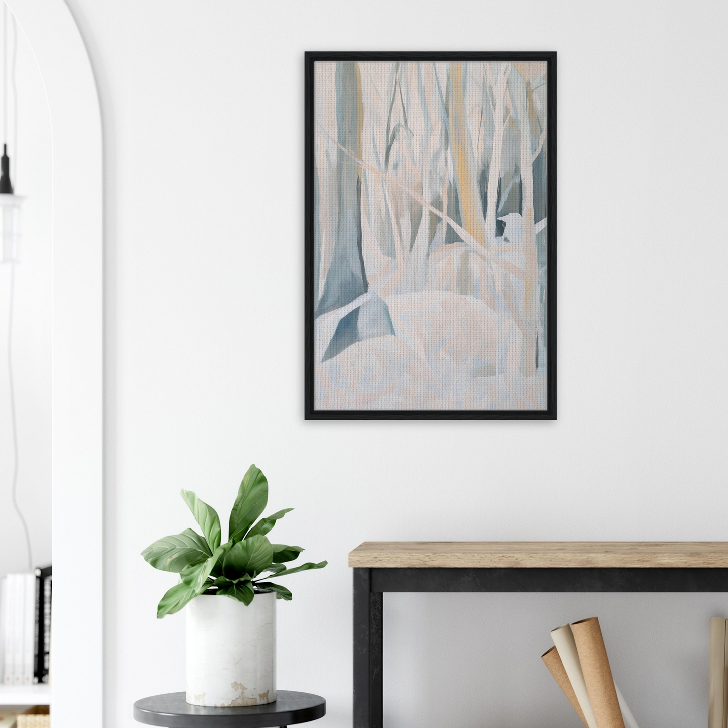 Framed abstract painting of a snowed forest dreams scene in muted colors