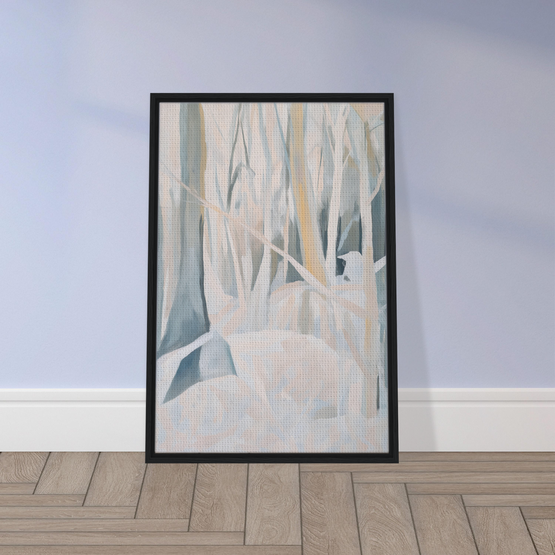 Framed abstract painting titled Snowed Forest Dreams, featuring pale vertical tree shapes