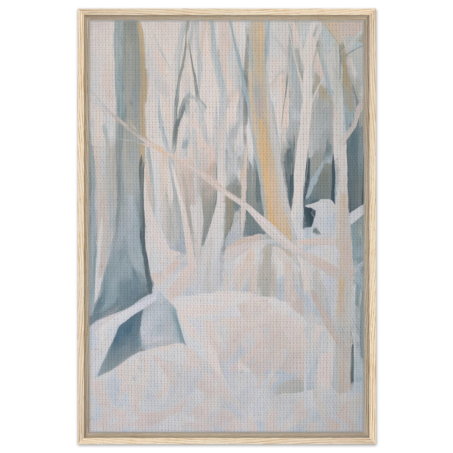 Abstract painting of ethereal tree forms in muted colors for Snowed Forest Dreams