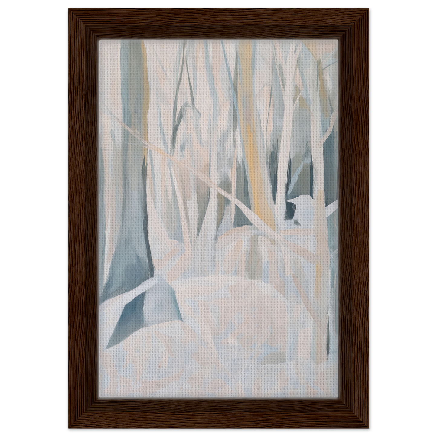 Framed abstract painting of a misty forest scene titled Snowed Forest Dreams