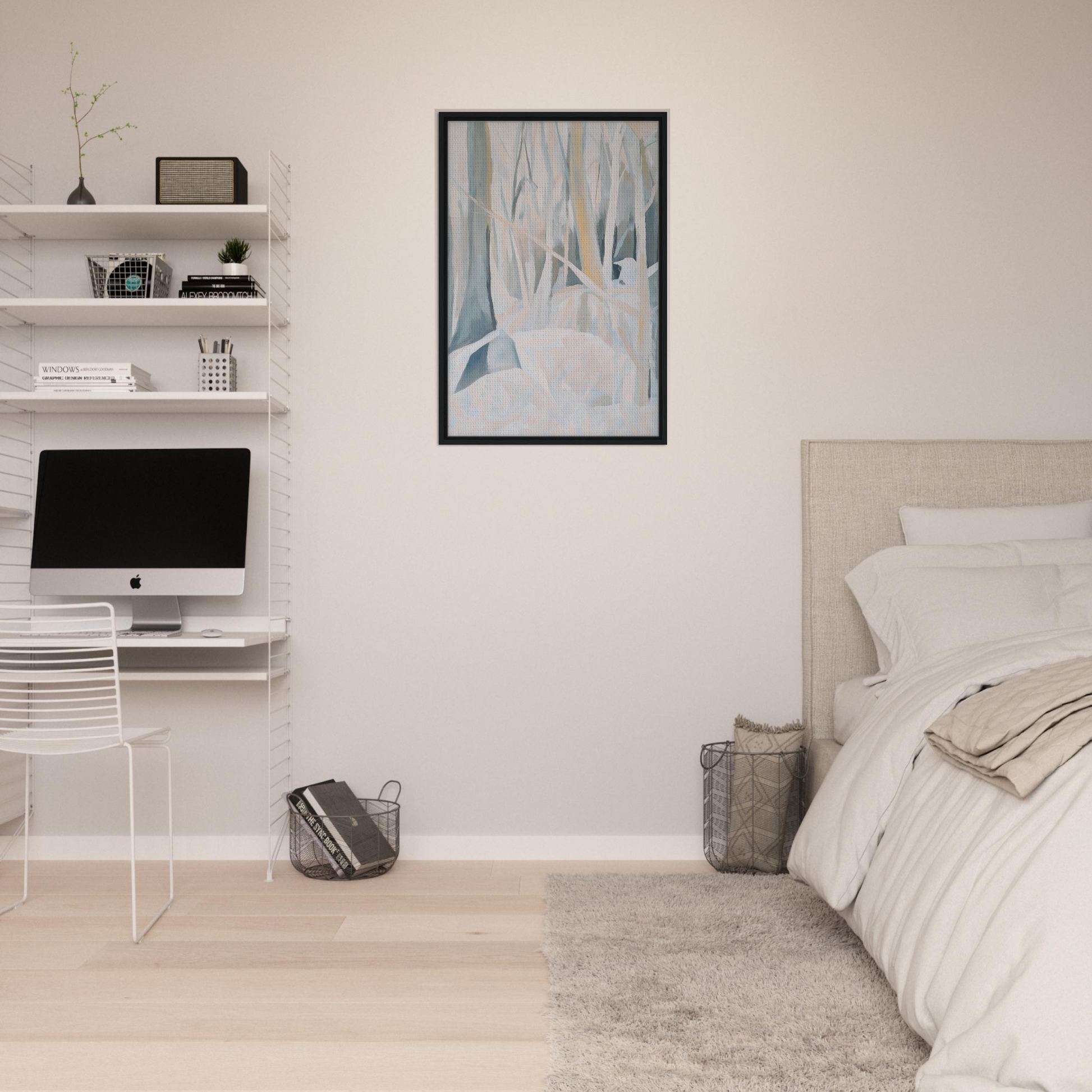 Minimalist bedroom featuring Snowed Forest Dreams framed artwork and floating shelves