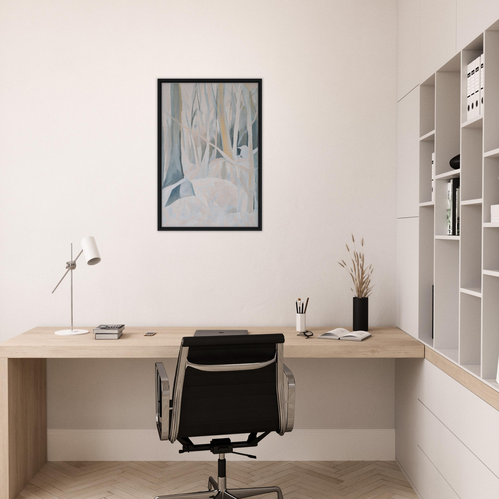 Minimalist wooden desk with black chair in a Snowed Forest Dreams home office setting