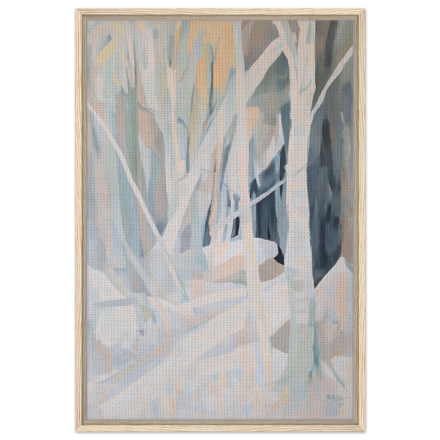 Abstract painting of stylized trees in muted pastel colors from Snow’s Silent Sonata Framed Canvas Print