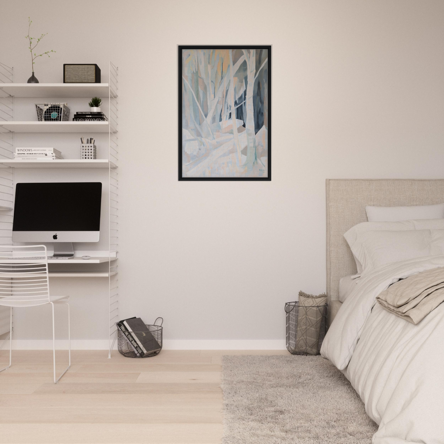 Minimalist bedroom featuring Snow’s Silent Sonata decor with white walls and modern bed