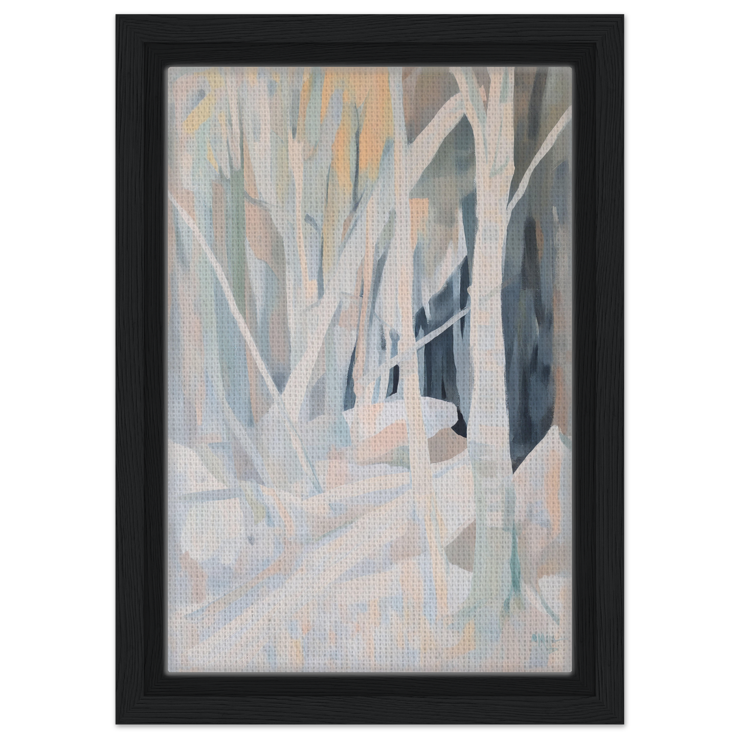 Abstract painting Snow’s Silent Sonata with soft pastel colors resembling tree forms