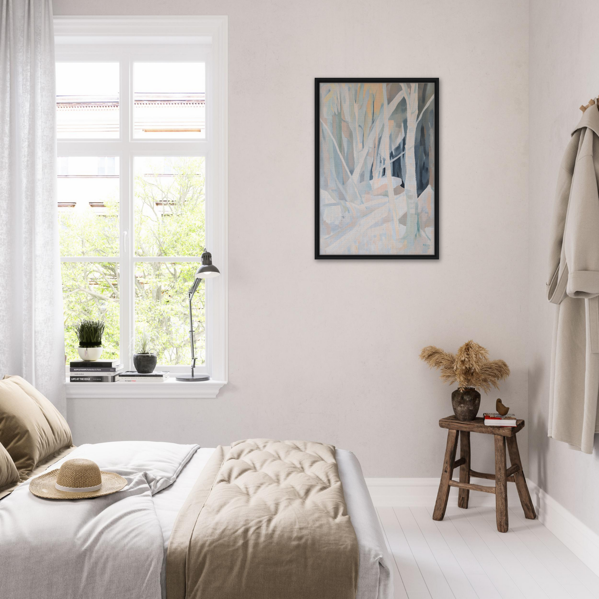 Bright airy bedroom with minimalist decor and neutral palette featuring Snow’s Silent Sonata