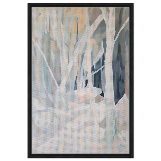 Abstract painting of stylized trees in muted pastels from Snow’s Silent Sonata room decor