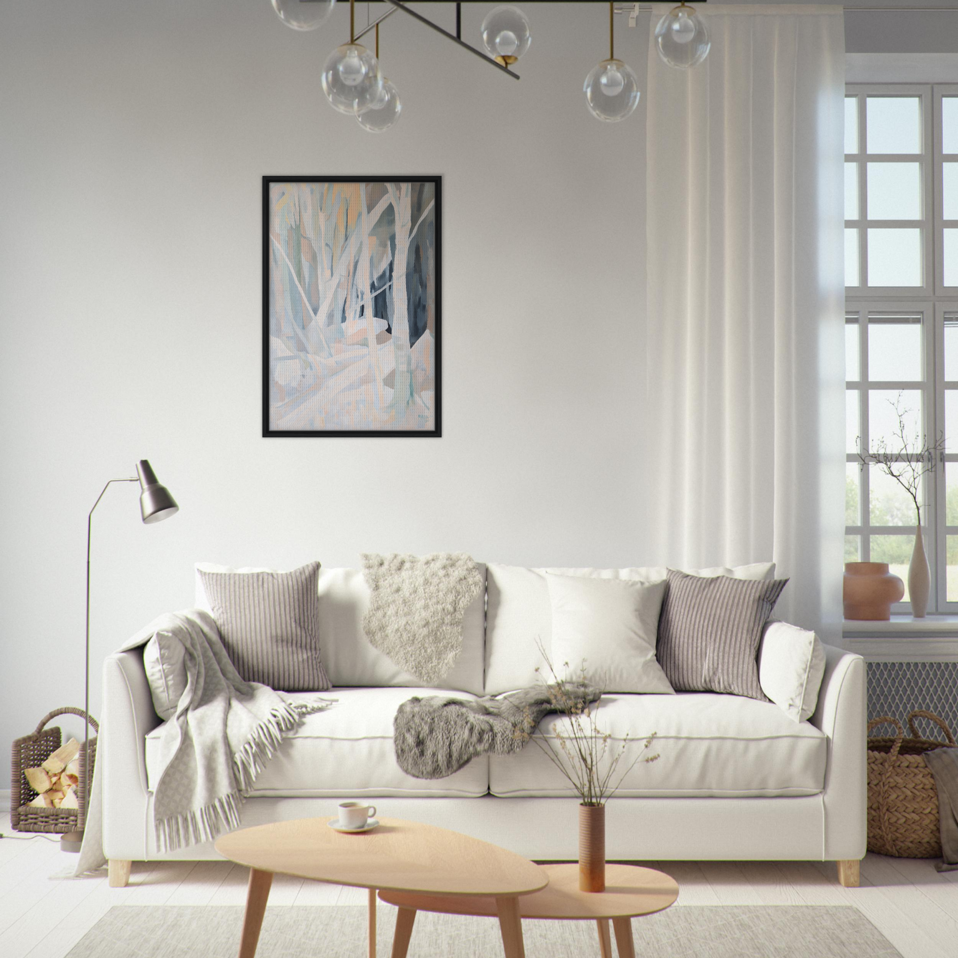 White sofa with pillows and blankets from Snow’s Silent Sonata for elegant room decor