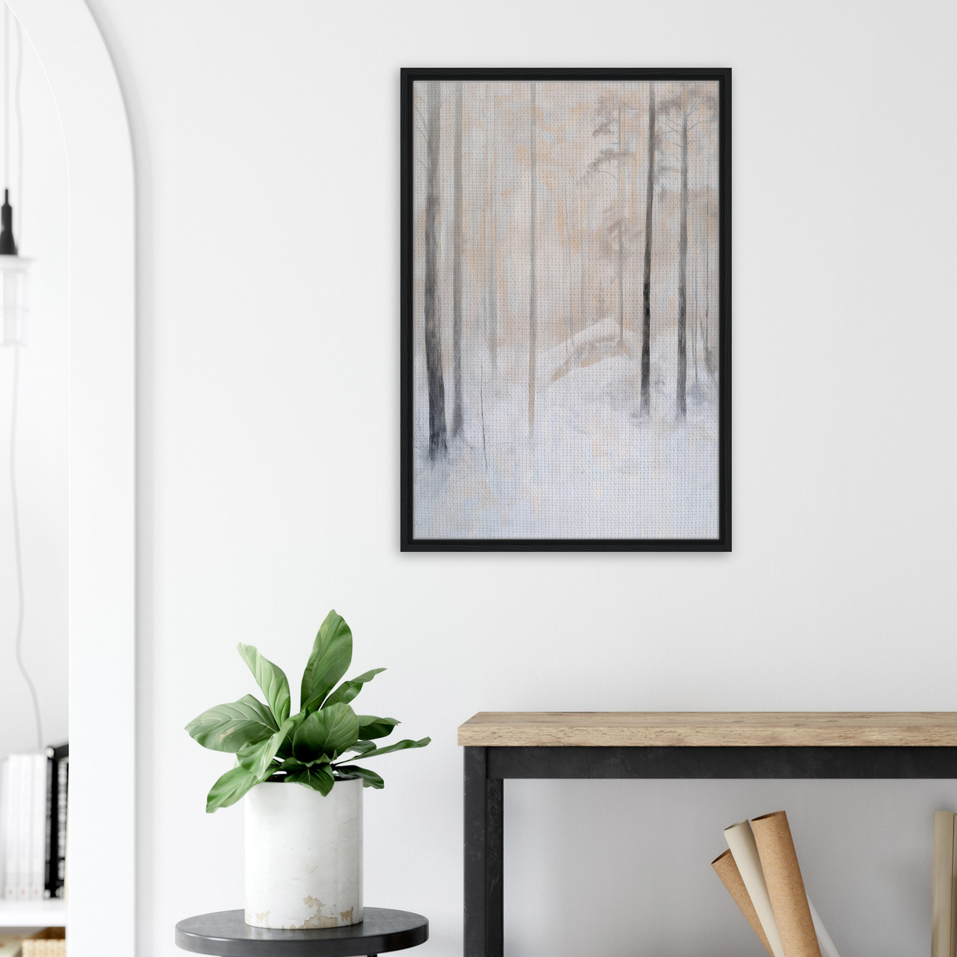 Framed canvas print of Snowy Sentinel Wisdom featuring a misty forest scene in muted colors