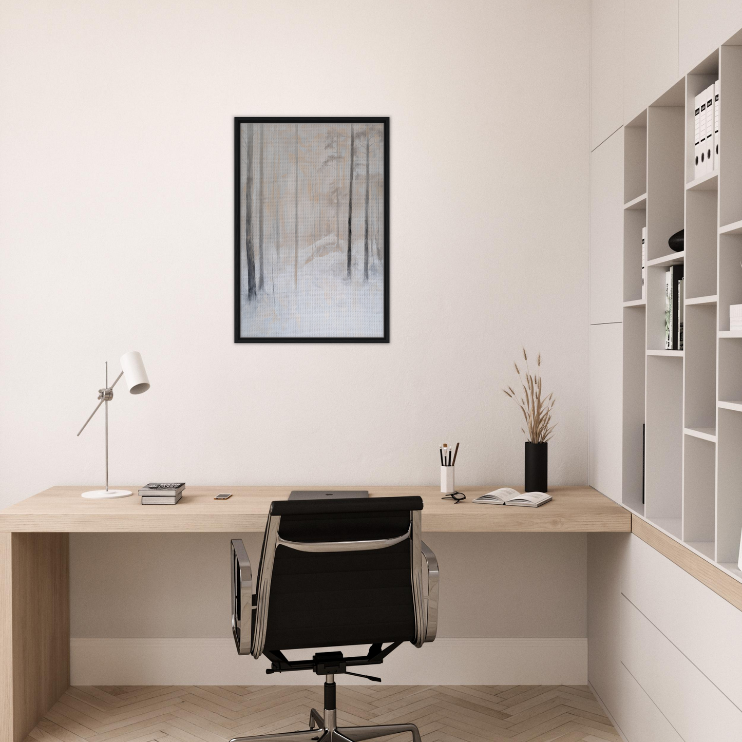 Minimalist wooden desk and black chair in a home office from Snowy Sentinel Wisdom