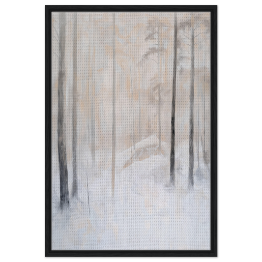 Abstract painting of a misty forest with pale trees, perfect for Snowy Sentinel Wisdom framed canvas print