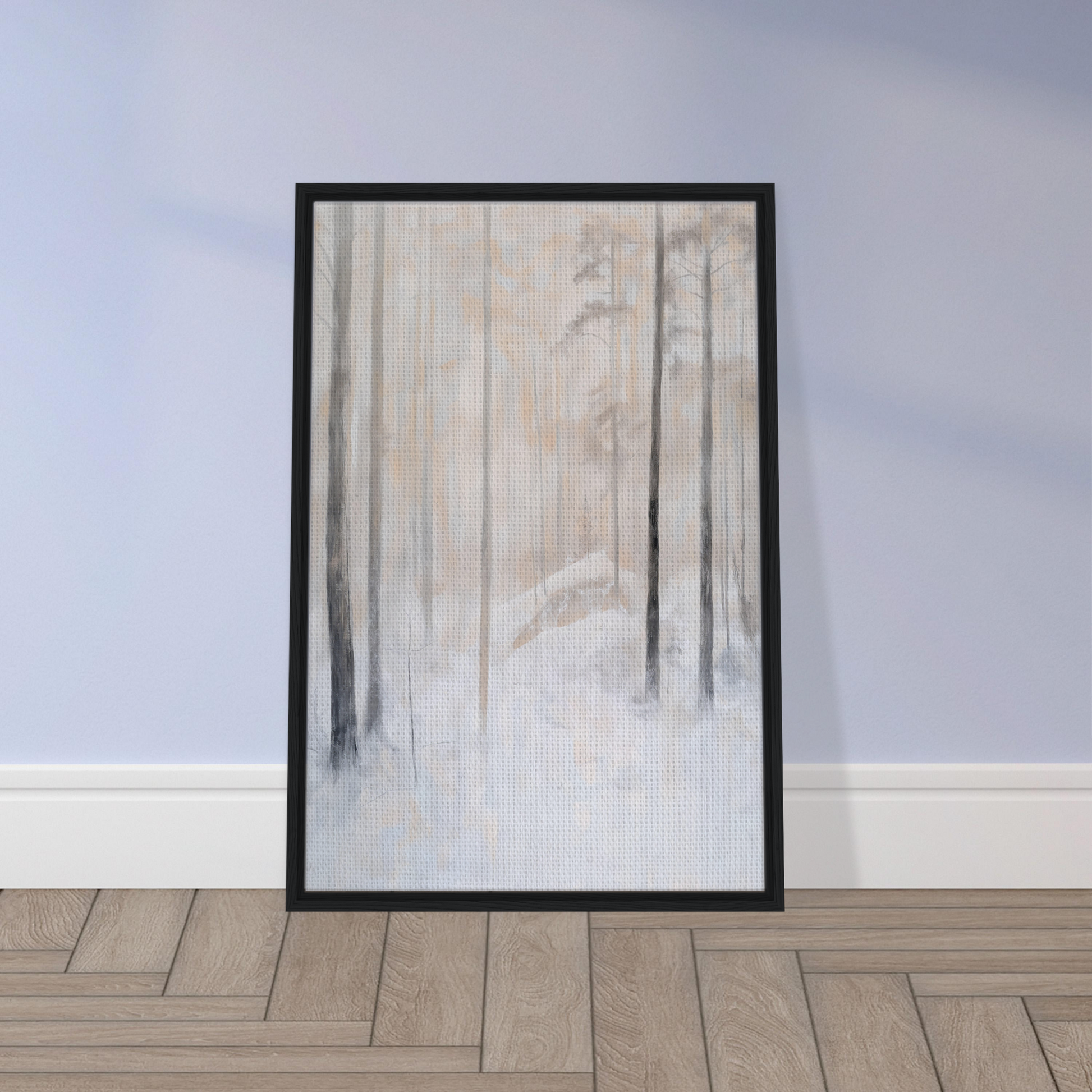 Framed canvas print of snowy Sentinel Wisdom showcasing a misty forest scene