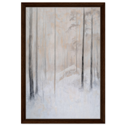 Framed painting of a misty winter forest scene for Snowy Sentinel Wisdom room decor