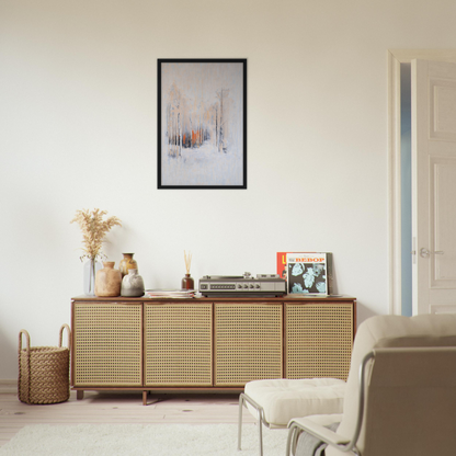 Wooden sideboard with cane-webbed doors and decorative items in Solstice Whispering Undergrowth