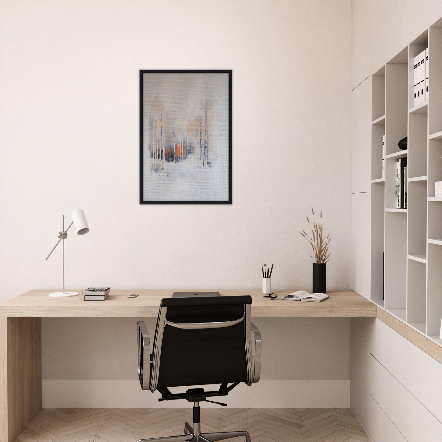 Minimalist wooden desk and black chair in home office with Solstice Whispering Undergrowth art