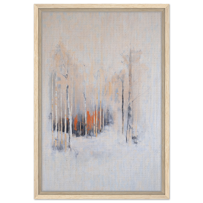 Abstract painting with muted vertical streaks in gray, orange, and blue for Solstice Whispering Undergrowth