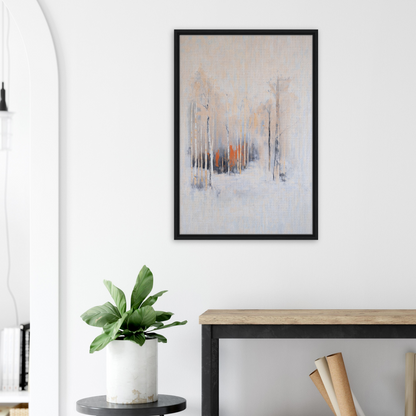 Abstract painting in muted colors with vertical streaks, framed canvas art for Solstice Whispering Undergrowth