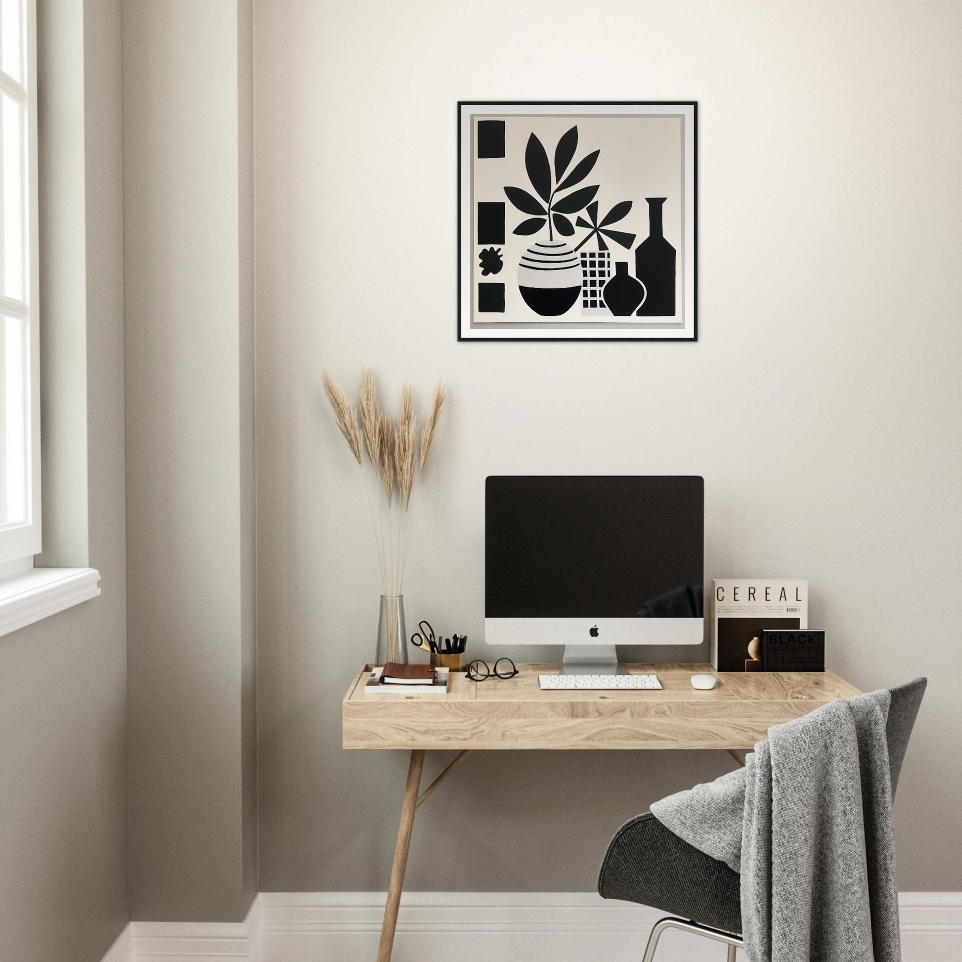 Black and white geometric wall art with plant leaves in Soma Sonata Sleek frame