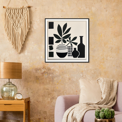 Black and white geometric art print with vases and leaves for Soma Sonata Sleek