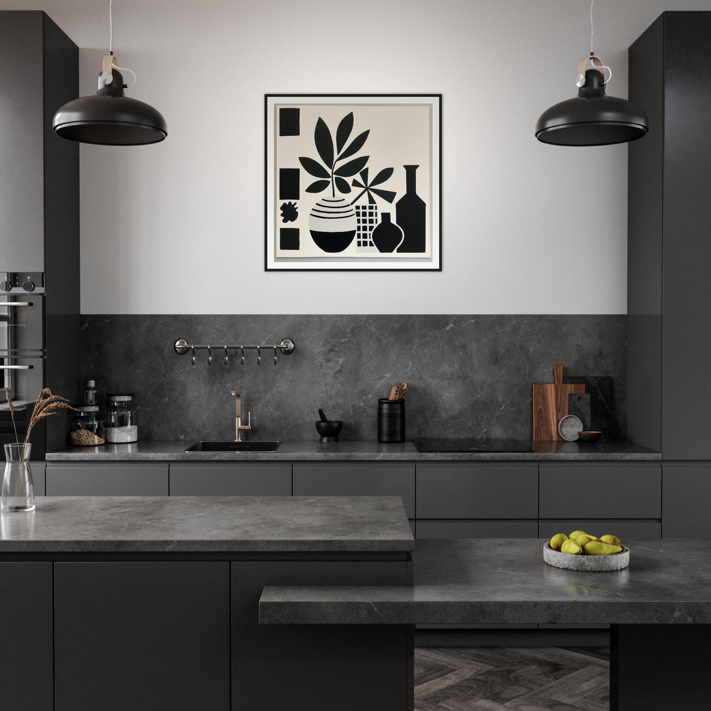 Modern black kitchen featuring Soma Sonata Sleek and minimalist framed art style