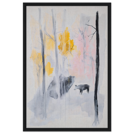 Abstract painting of a misty forest with yellow foliage for Somber Forest Reverie room decor