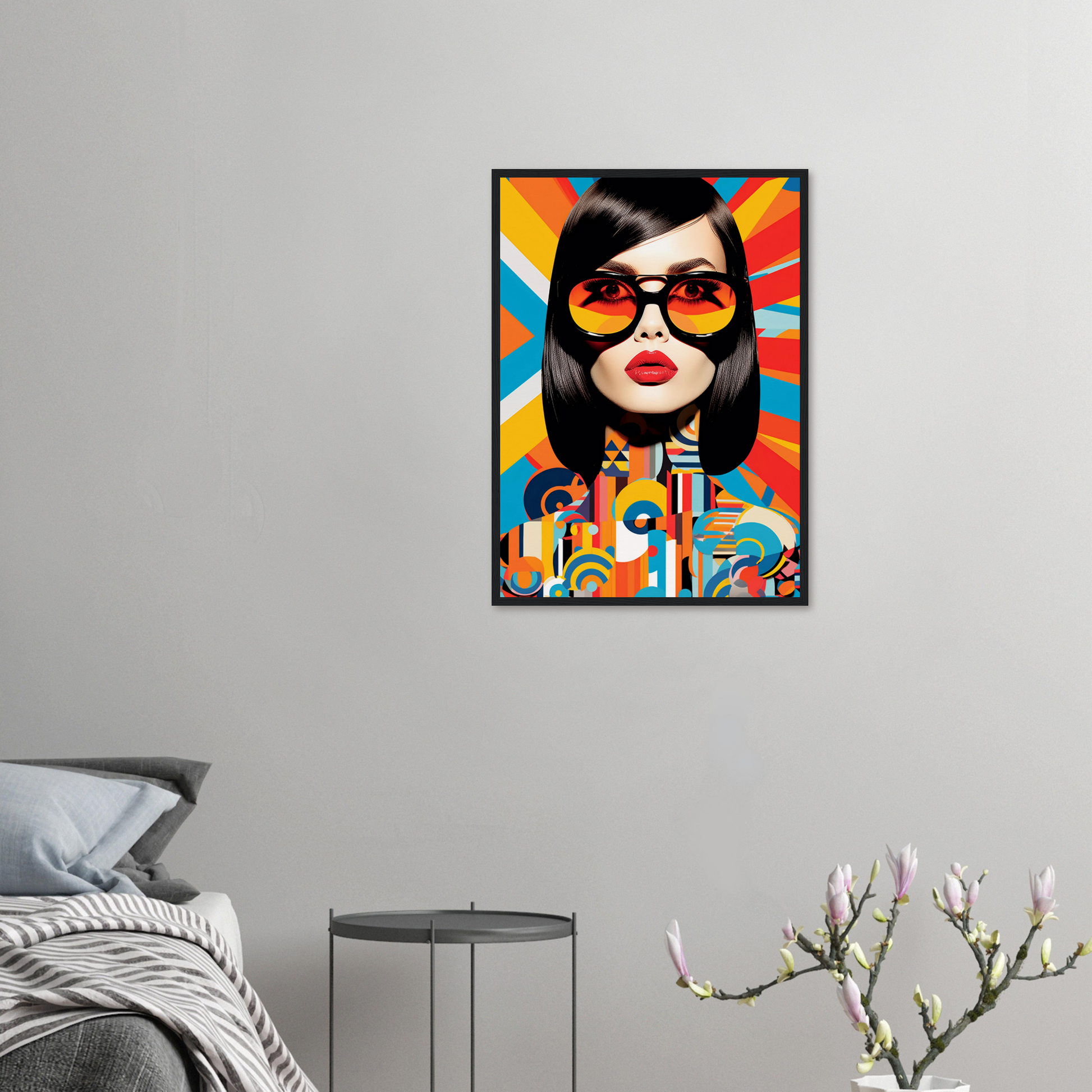 Colorful pop art-style portrait of a woman wearing heart-shaped sunglasses.