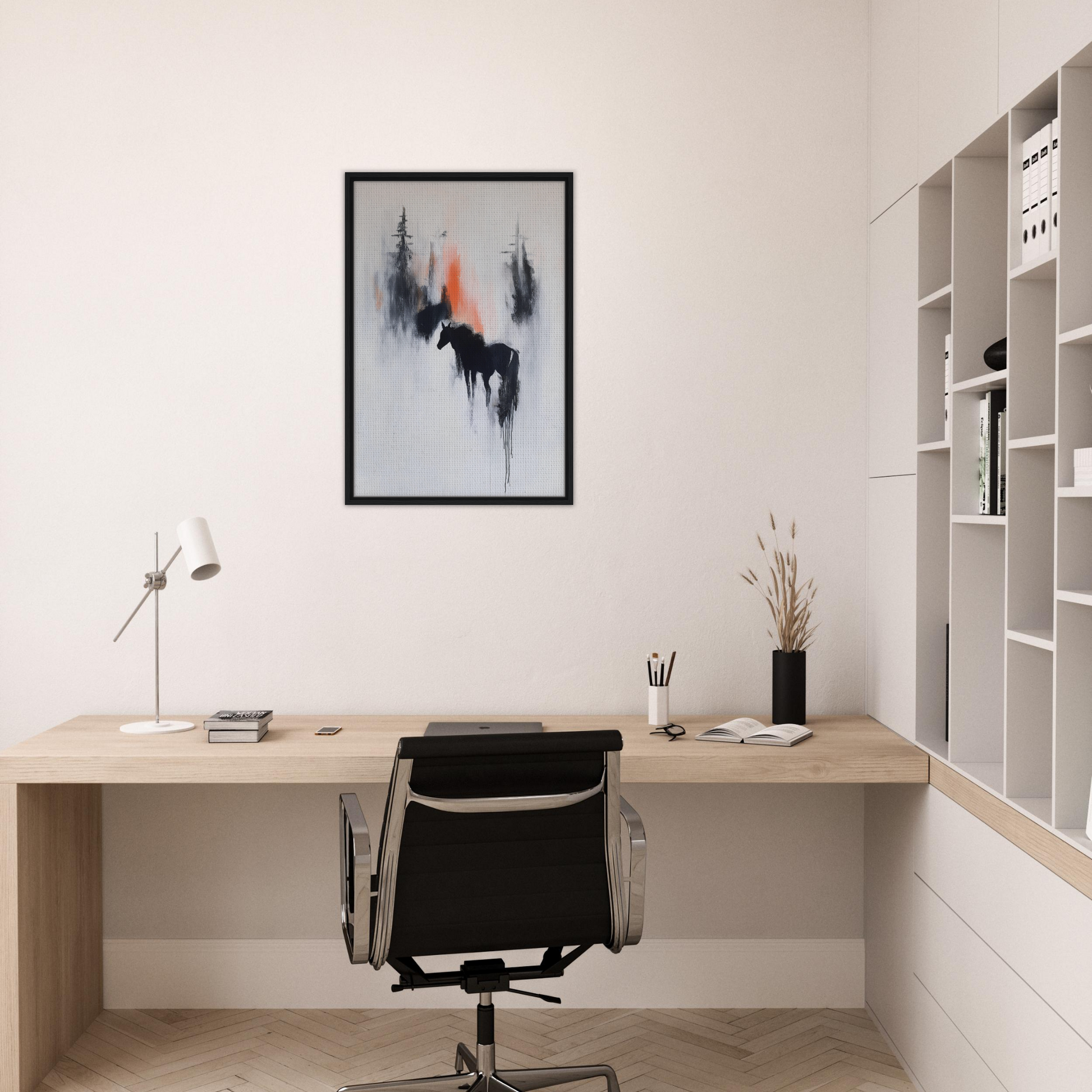 Minimalist home office featuring Spectral Equine Reverie framed canvas print and wooden desk