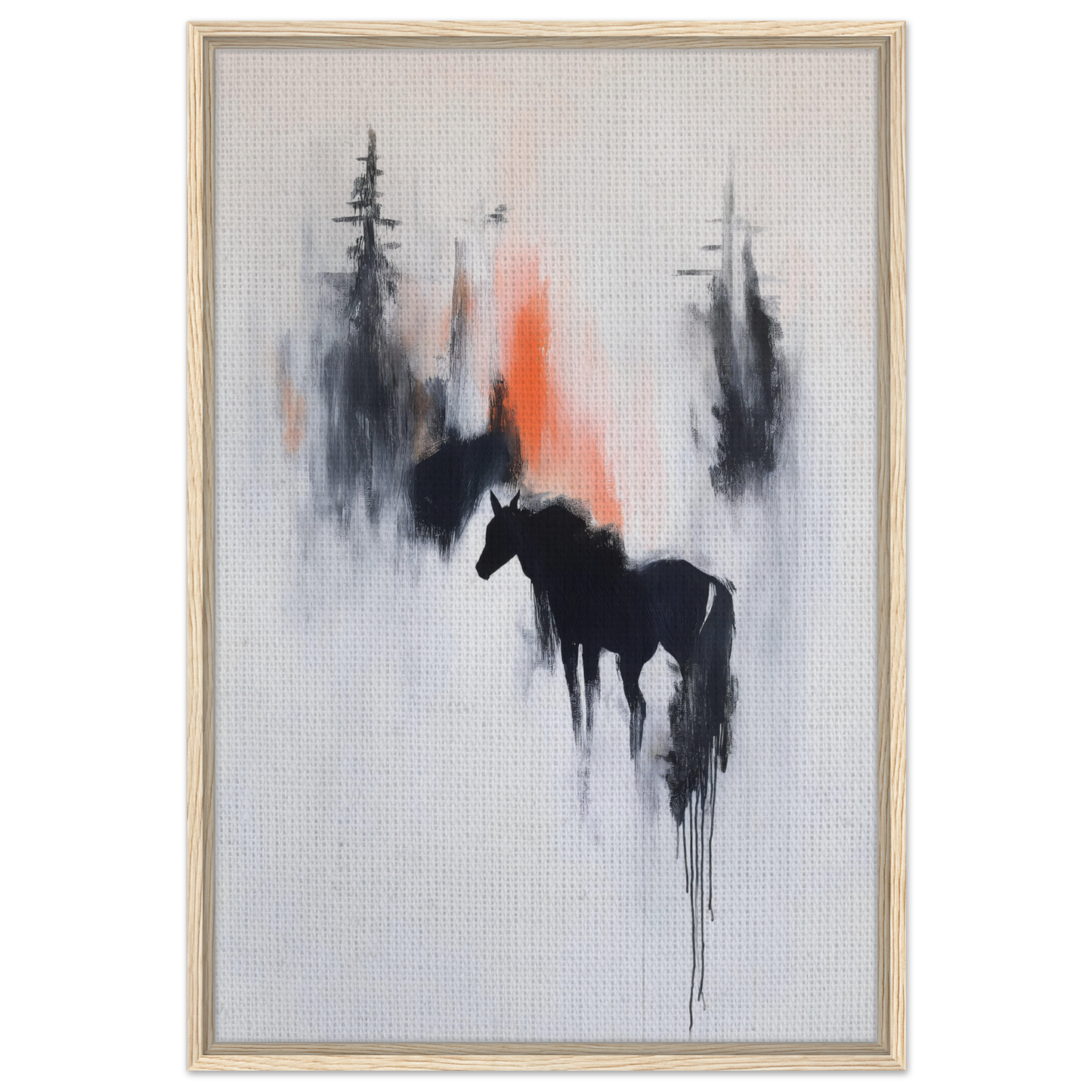 Silhouette of a horse in black on misty background in Spectral Equine Reverie framed canvas print