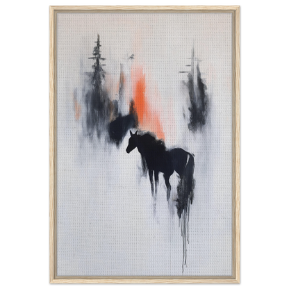 Silhouette of a horse in black on misty background in Spectral Equine Reverie framed canvas print