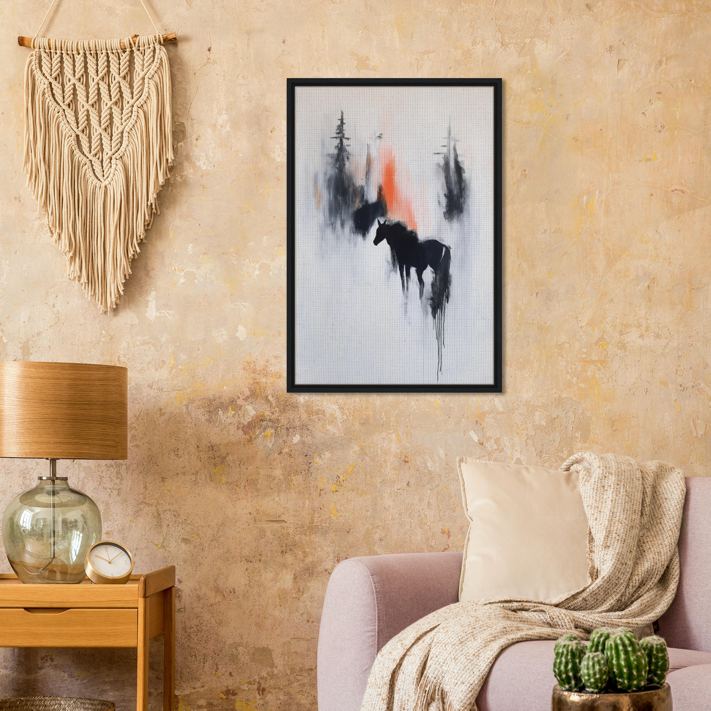 Framed abstract painting with black, gray, and orange brushstrokes for Spectral Equine Reverie room decor