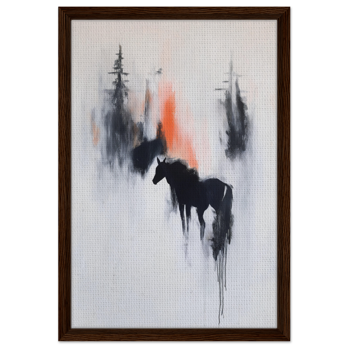 Abstract painting of a horse silhouette in misty hues, ideal for Spectral Equine Reverie room decor