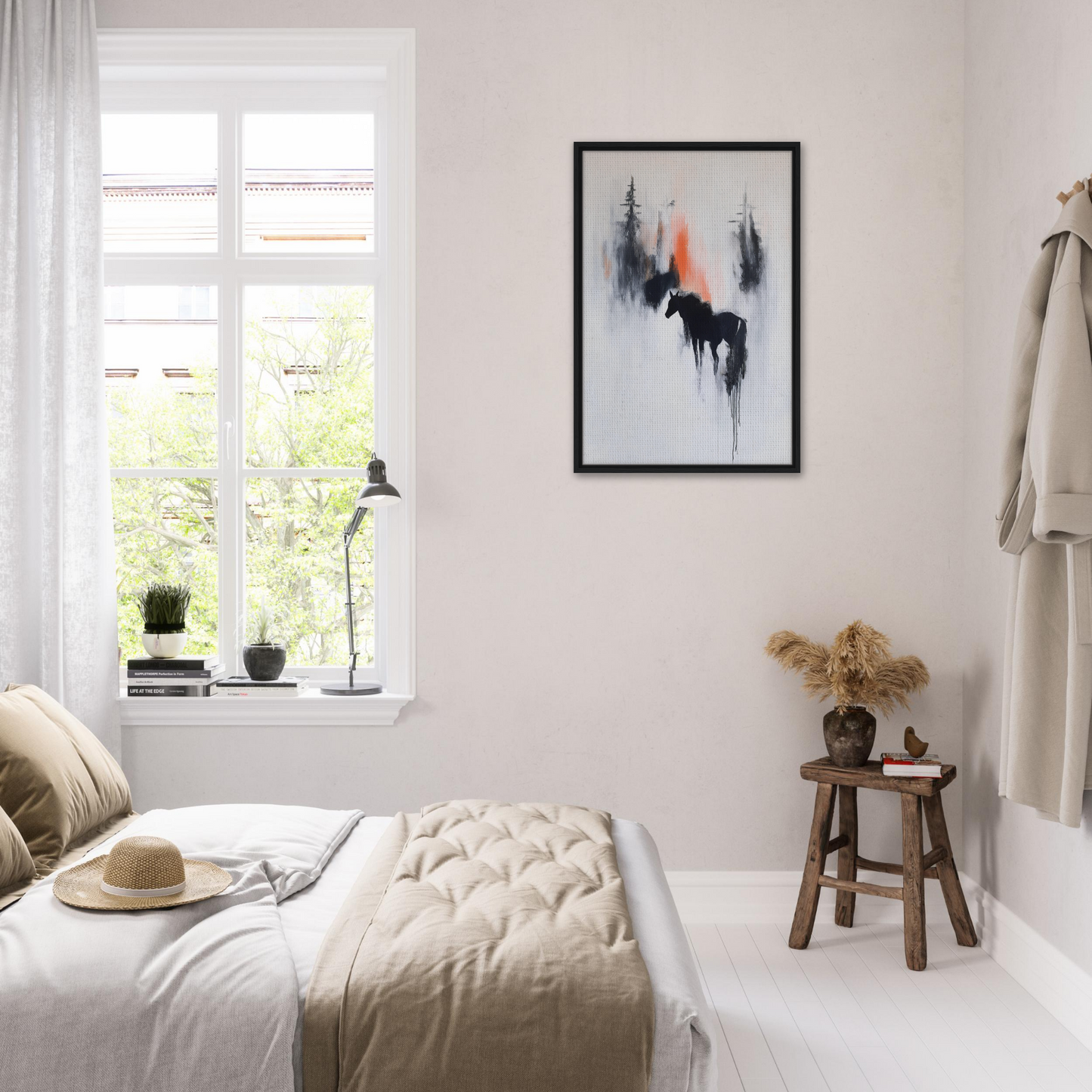 Bright minimalist bedroom showcasing Spectral Equine Reverie in modern room decor