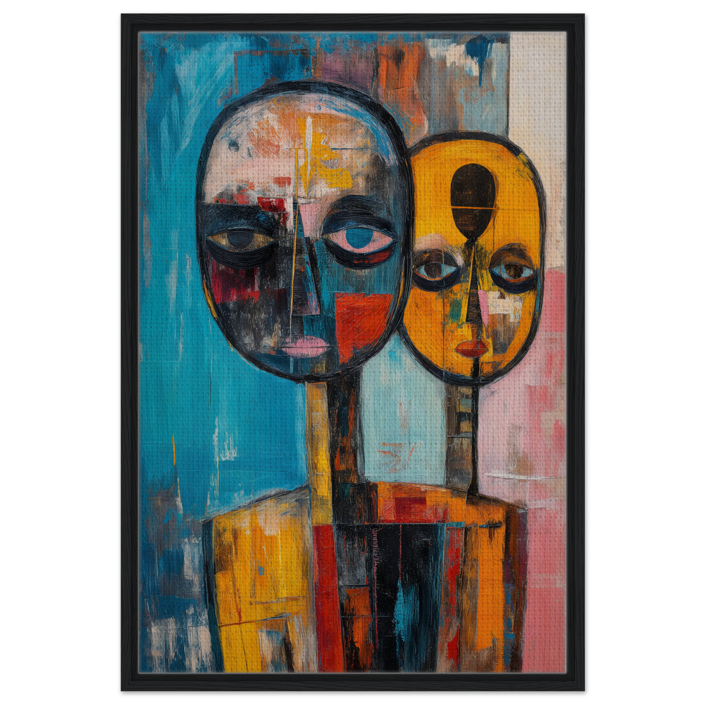 Abstract painting of two stylized faces in colorful background for Spectral Soul Convergence