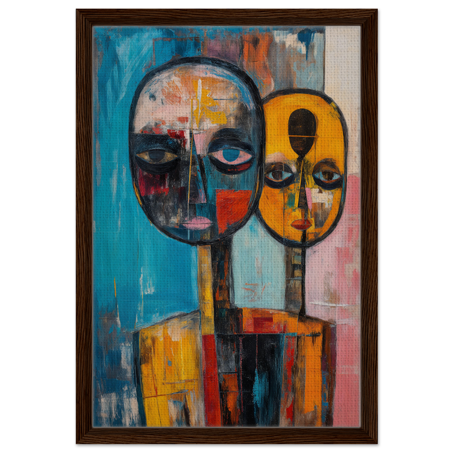 Abstract painting of two stylized faces representing Spectral Soul Convergence for room decoration